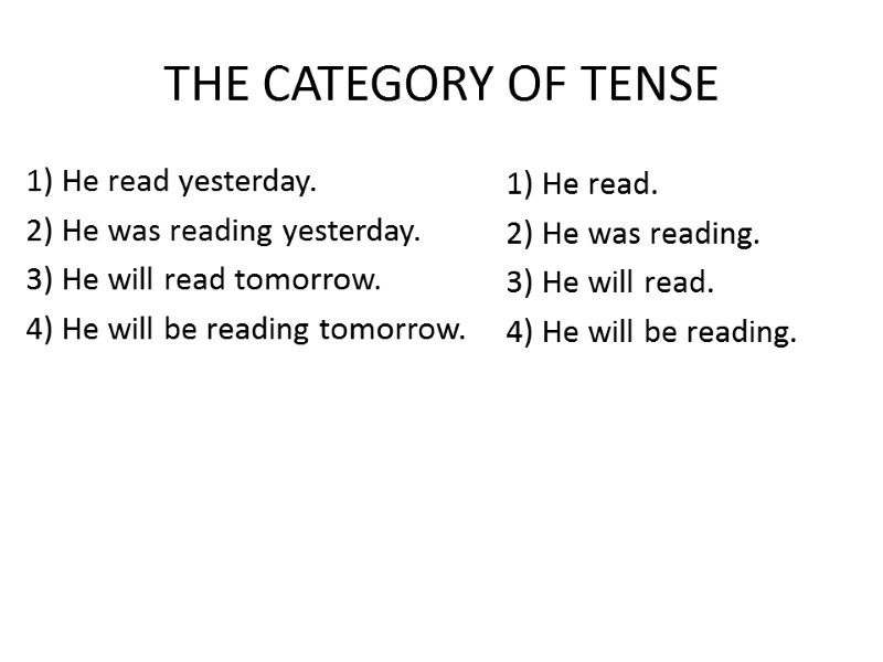 THE CATEGORY OF TENSE 1) He read yesterday. 2) He was reading yesterday. 3)